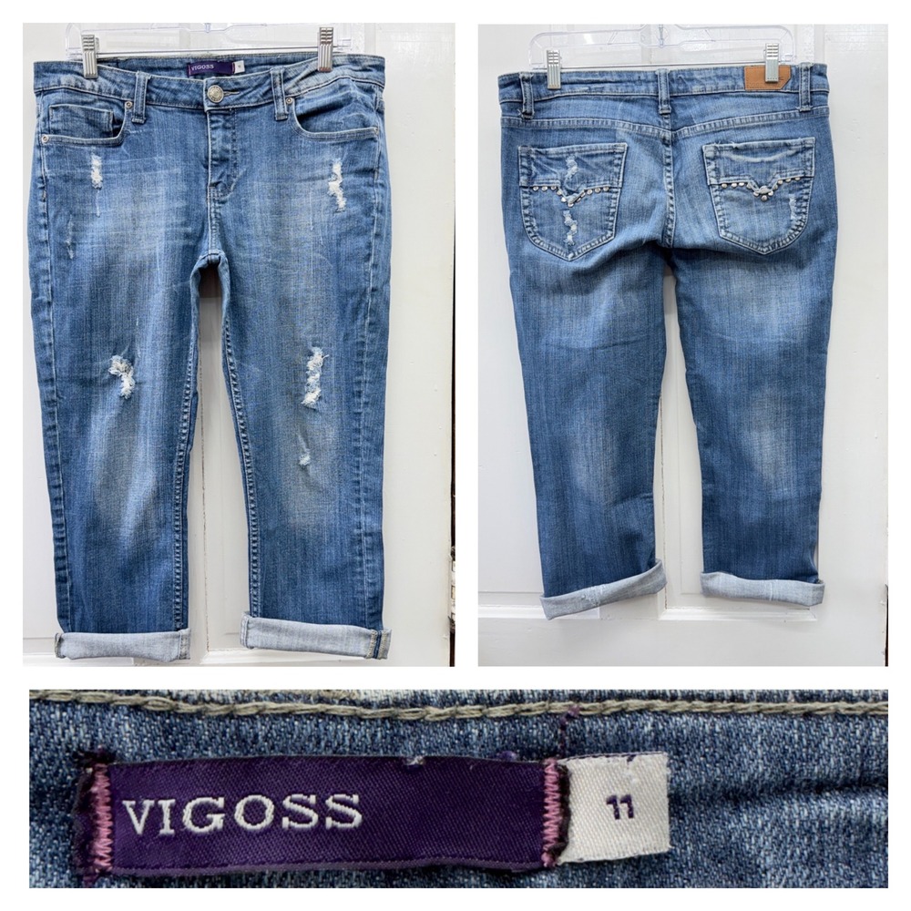 Vigoss Womens 11 Distressed Denim Jean Capri Capris Studded Pockets